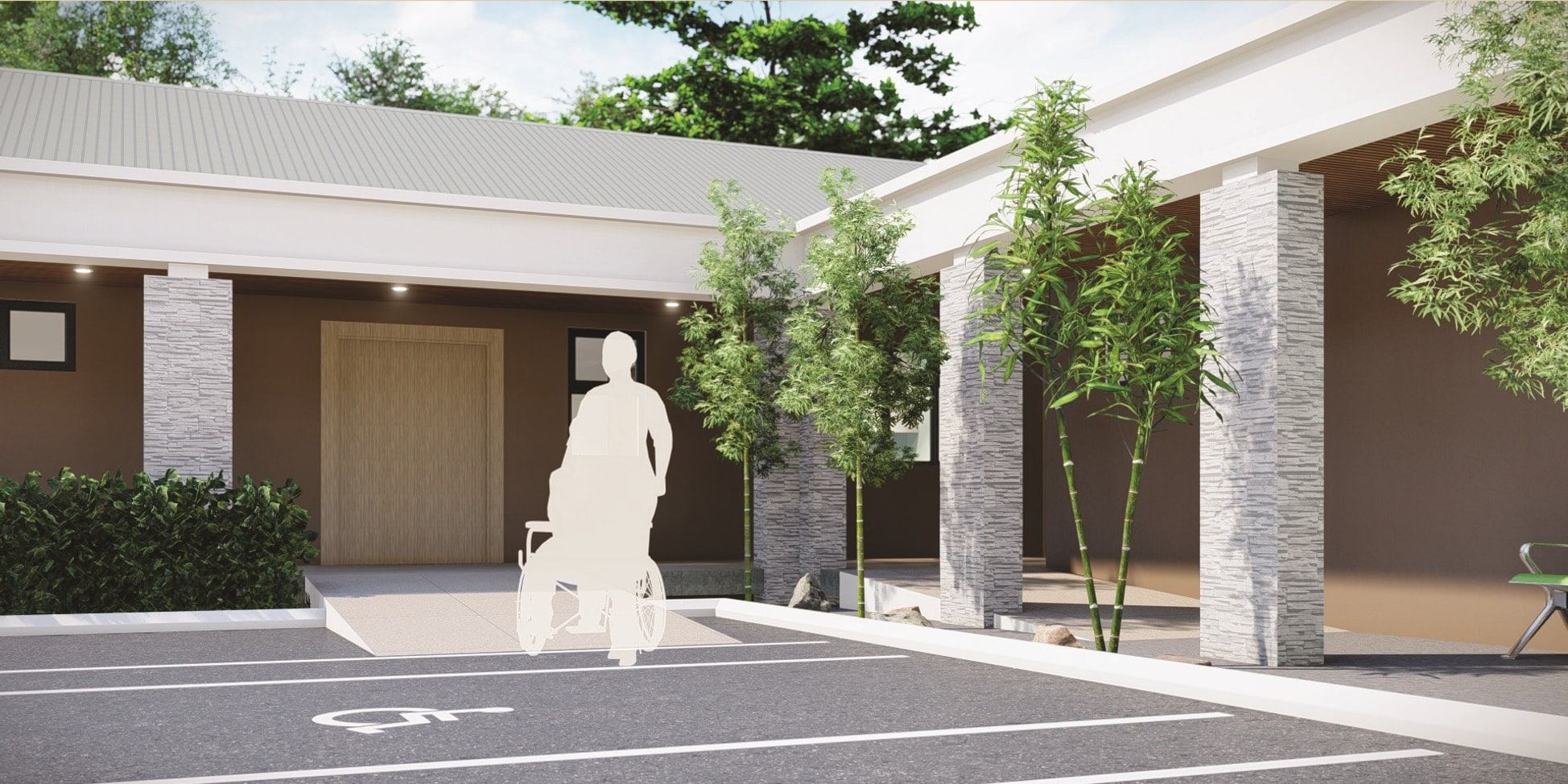 Accessible parking bay and ramped entrance beside the covered walkway of the RBPF Clinic (artist's impression)