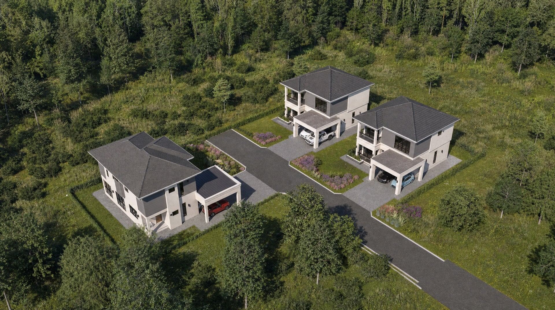 Aerial view of the three detached houses at Kg Beribi along their shared driveway (artist's impression)