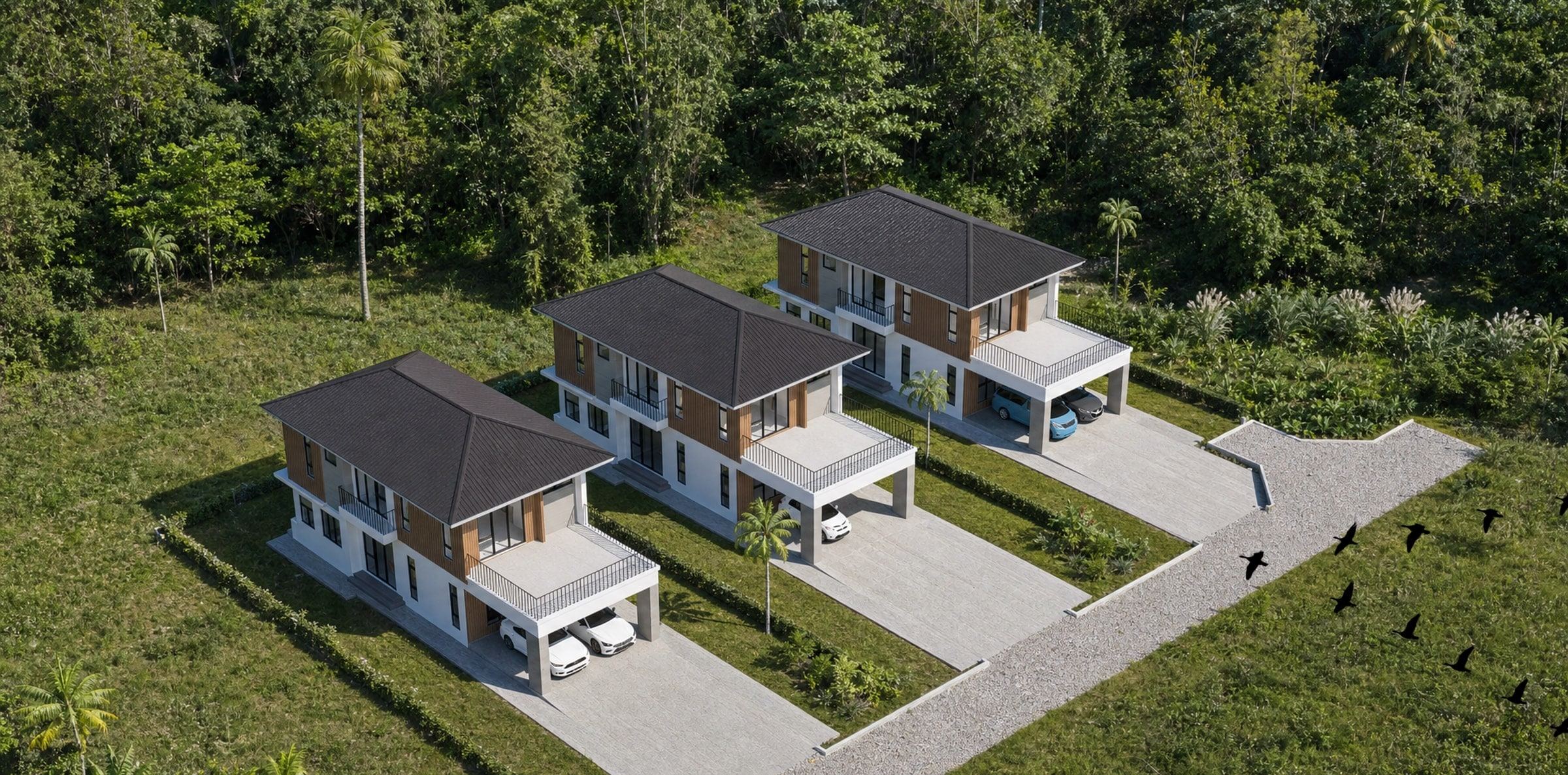 Aerial view of the three houses at Kg Tanjong Nangka, each with its own driveway and garden (artist's impression)