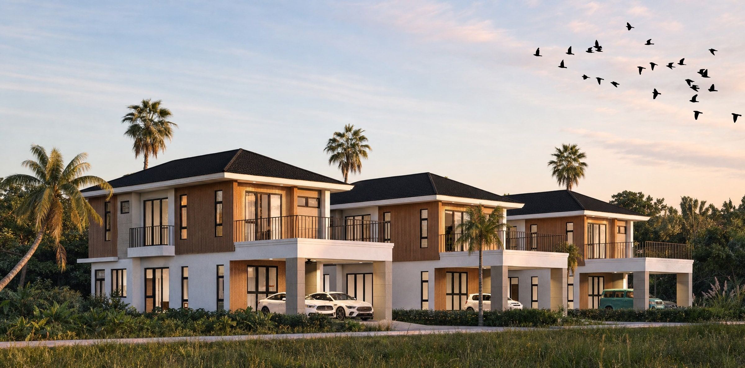 The three detached two-storey houses at Kg Tanjong Nangka seen side by side at dusk (artist's impression)