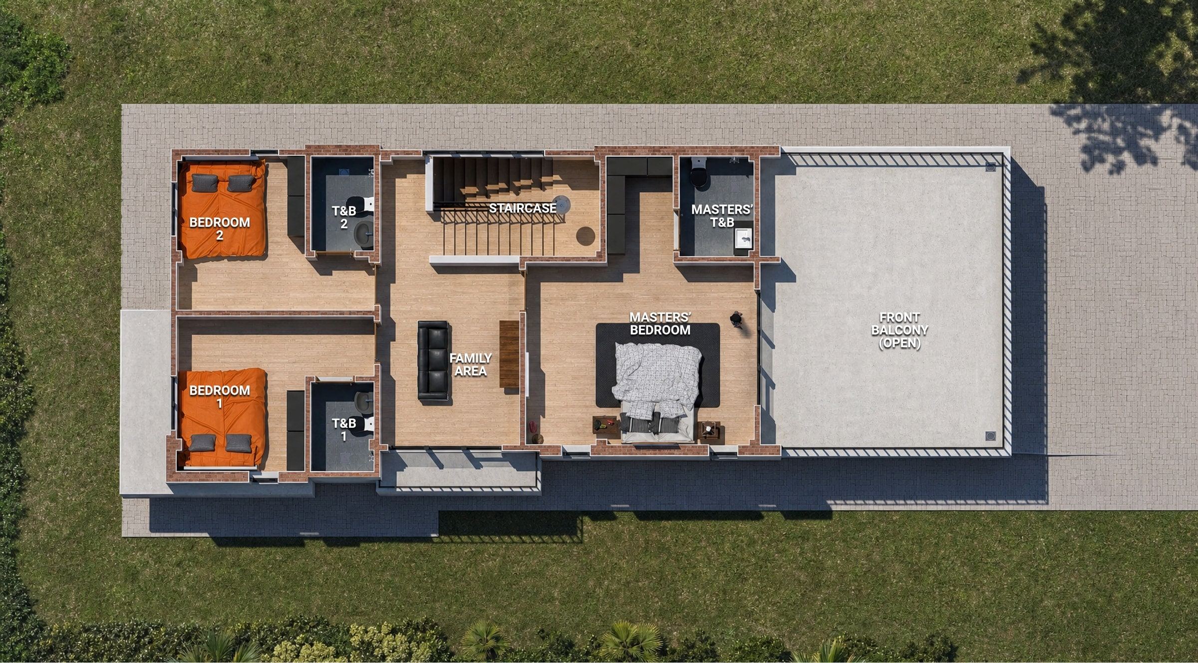 Rendered first floor plan of a typical house with family area, master bedroom, two bedrooms and a front balcony (artist's impression)