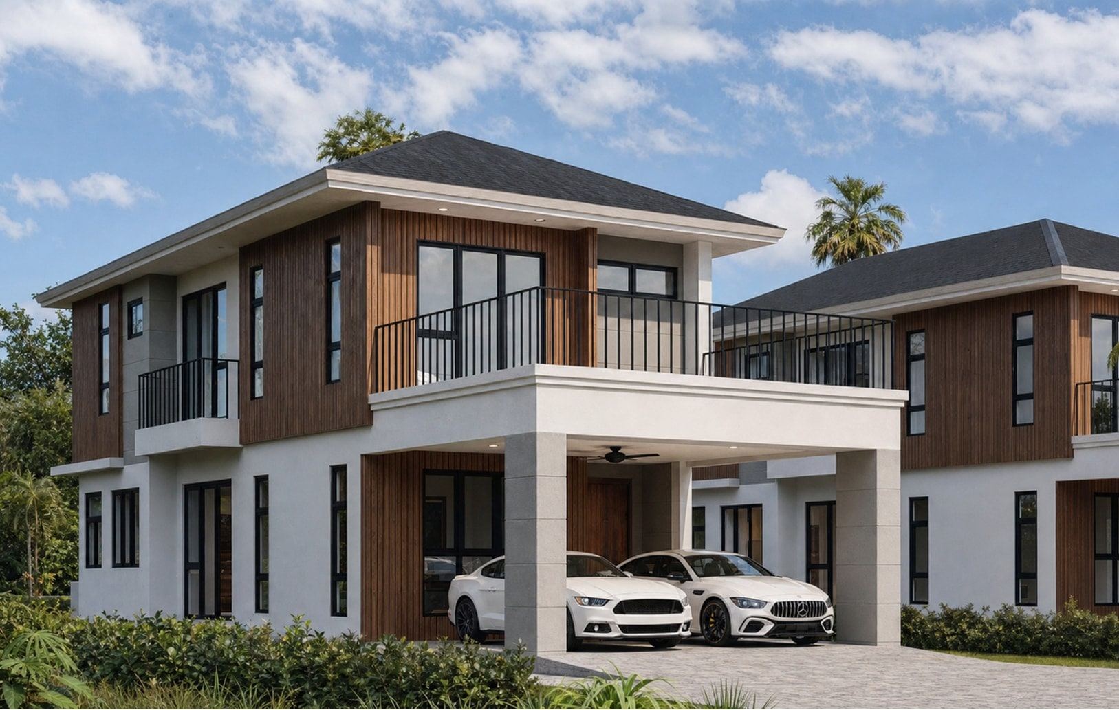 Plot A at Kg Tanjong Nangka, a two-storey house with a carporch, first-floor balcony and timber-tone cladding (artist's impression)