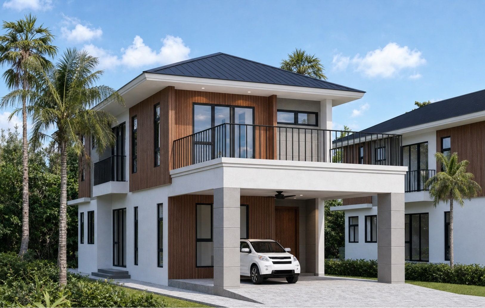 Plot B at Kg Tanjong Nangka, a two-storey house with a hipped roof and a carporch (artist's impression)