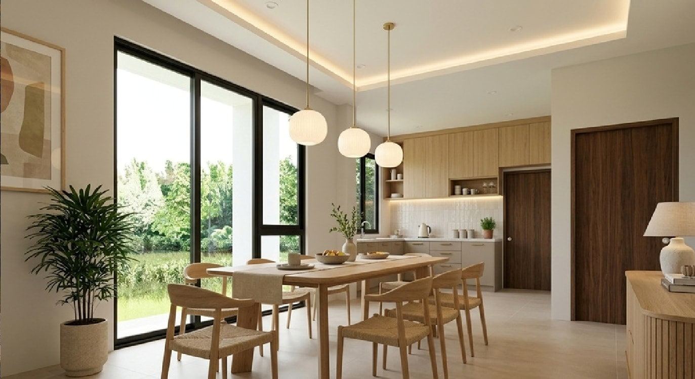 Dining area and dry kitchen with large windows to the garden (artist's impression)