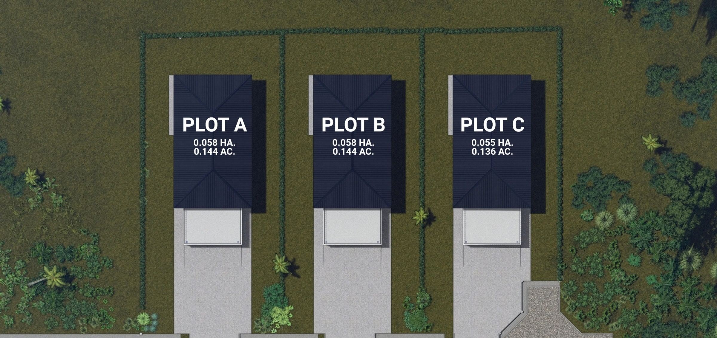 Layout plan of Plots A, B and C at Kg Tanjong Nangka, seen from above, with their plot areas (artist's impression)