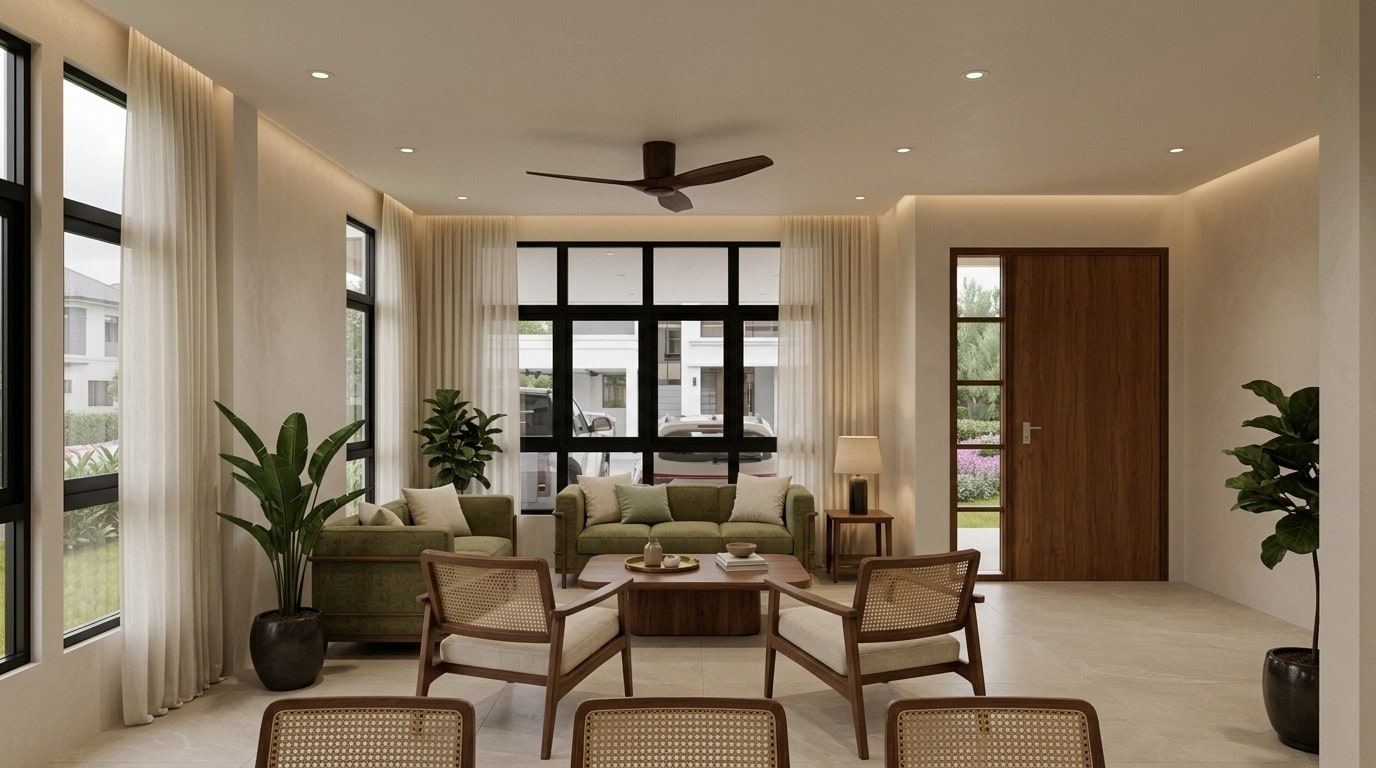 Living room of a house at Kg Beribi with a sofa and armchairs, tall black-framed windows and a timber door (artist's impression)
