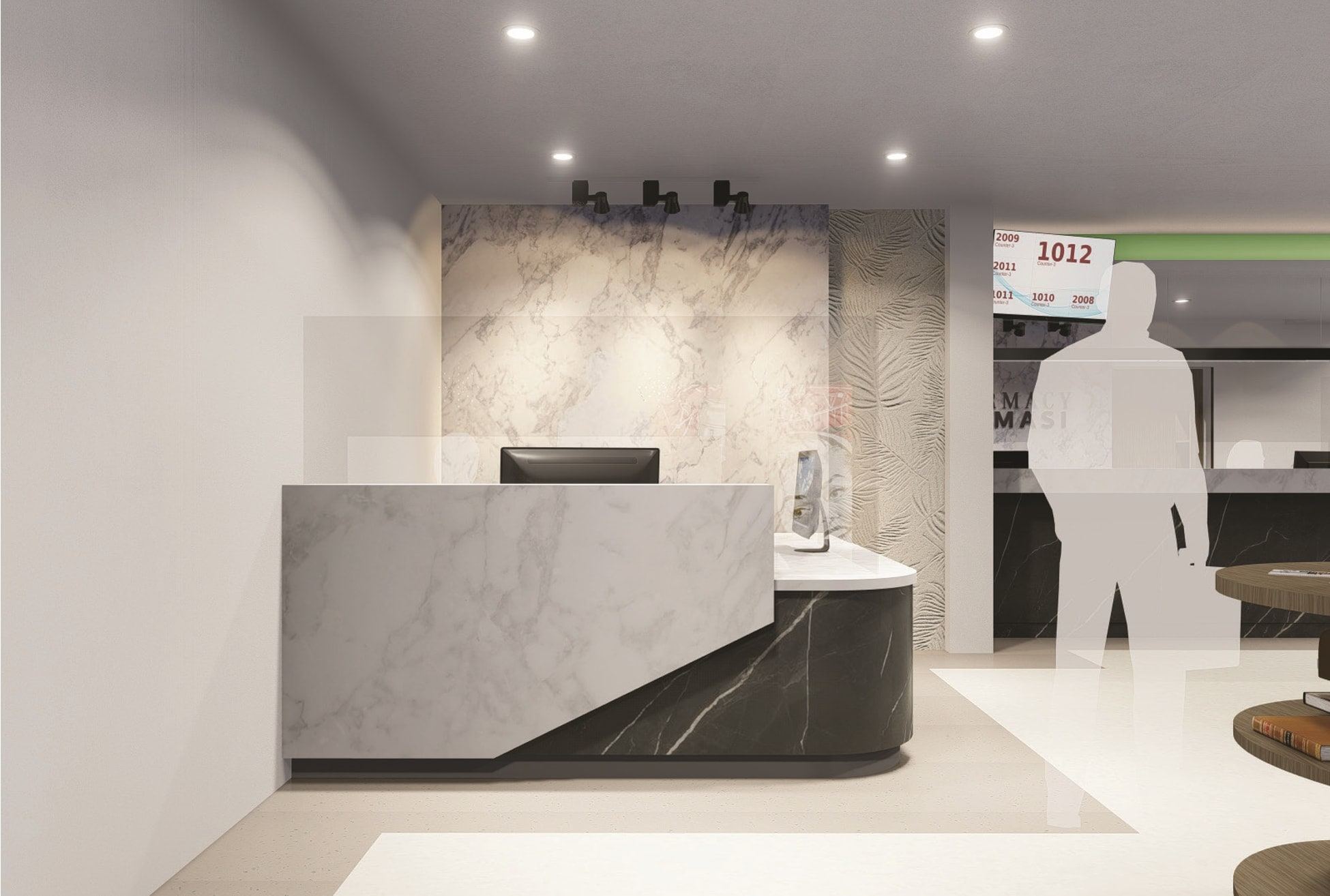 Reception counter of the RBPF Clinic with a stone-effect front and feature wall (artist's impression)
